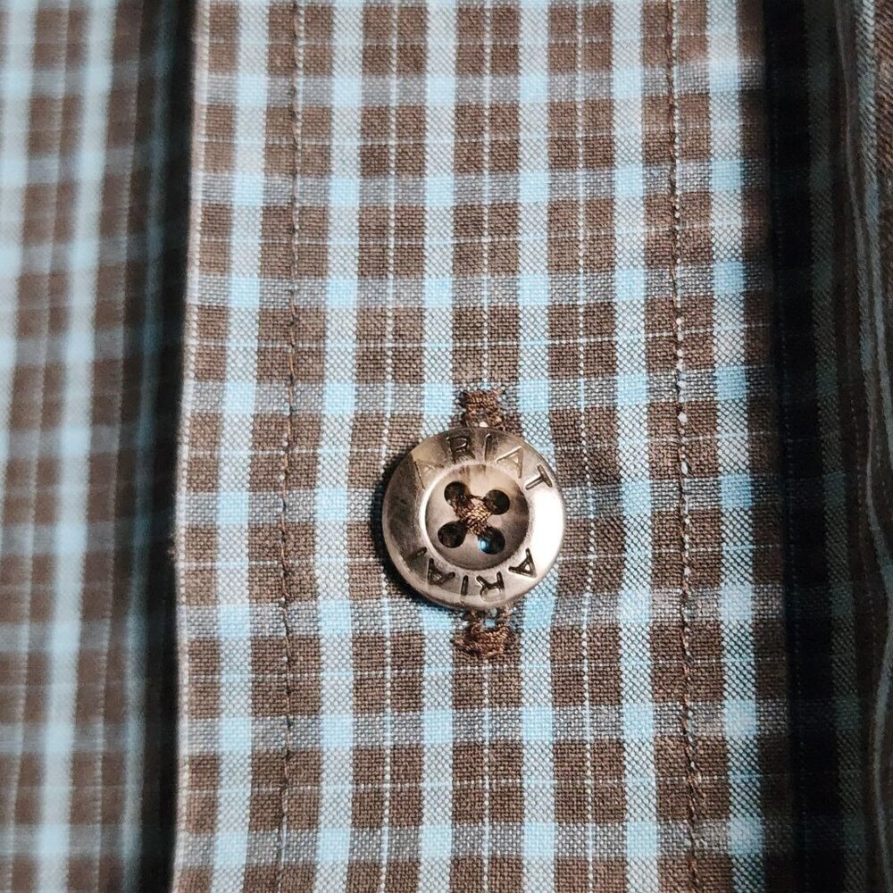 Ariat Shirt Mens Medium Blue Brown Plaid Pro Series Fitted Western Button Down - Picture 3 of 12